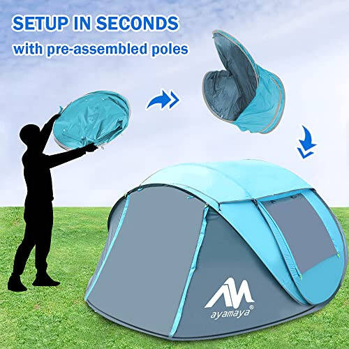 AYAMAYA Waterproof 4 Person Pop Up Tent for Camping with Skylight & Rainfly | Instant Setup, Double-layer Anti-condensation, Porch Poles Included, 2 Doors, Large Size for Family 2-4 People Hiking, Beach - 2