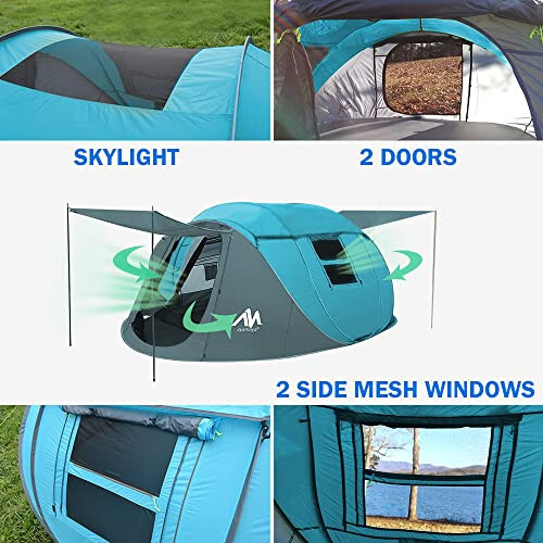 AYAMAYA Waterproof 4 Person Pop Up Tent for Camping with Skylight & Rainfly | Instant Setup, Double-layer Anti-condensation, Porch Poles Included, 2 Doors, Large Size for Family 2-4 People Hiking, Beach - 6
