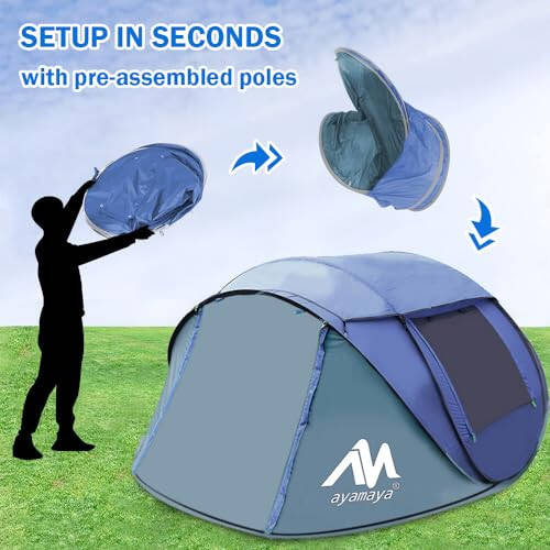 4 Person Pop Up Tents for Camping - AYAMAYA Waterproof Instant Family Tents with Skylight & Removable Rainfly, Upgraded Large Size with 2 Doors -Automatic Easy Setup Beach Tent with Poles - 2