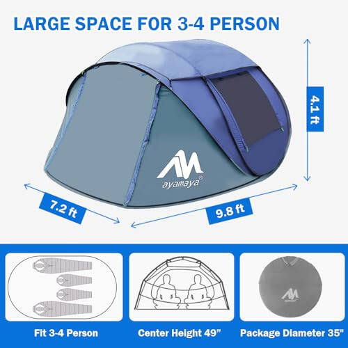 4 Person Pop Up Tents for Camping - AYAMAYA Waterproof Instant Family Tents with Skylight & Removable Rainfly, Upgraded Large Size with 2 Doors -Automatic Easy Setup Beach Tent with Poles - 4