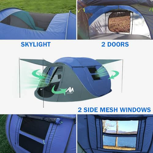 4 Person Pop Up Tents for Camping - AYAMAYA Waterproof Instant Family Tents with Skylight & Removable Rainfly, Upgraded Large Size with 2 Doors -Automatic Easy Setup Beach Tent with Poles - 6