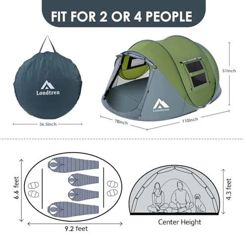 4 Person Easy Pop Up Tent Waterproof Automatic Setup 2 Doors-Instant Family Tents for Camping Hiking & Traveling - Londtren (1)