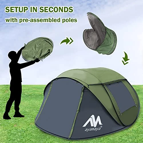 4 Person Pop Up Tents for Camping - AYAMAYA Waterproof Instant Family Tents with Skylight & Removable Rainfly, Upgraded Large Size with 2 Doors -Automatic Easy Setup Beach Tent with Poles - 2