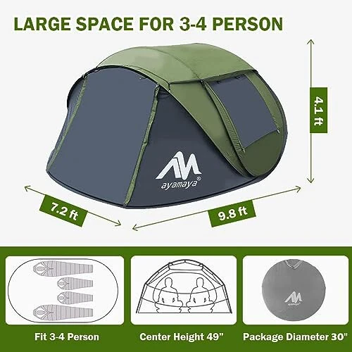 4 Person Pop Up Tents for Camping - AYAMAYA Waterproof Instant Family Tents with Skylight & Removable Rainfly, Upgraded Large Size with 2 Doors -Automatic Easy Setup Beach Tent with Poles - 4