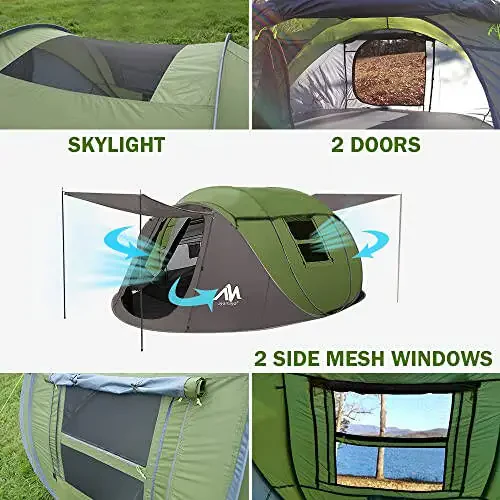 4 Person Pop Up Tents for Camping - AYAMAYA Waterproof Instant Family Tents with Skylight & Removable Rainfly, Upgraded Large Size with 2 Doors -Automatic Easy Setup Beach Tent with Poles - 6