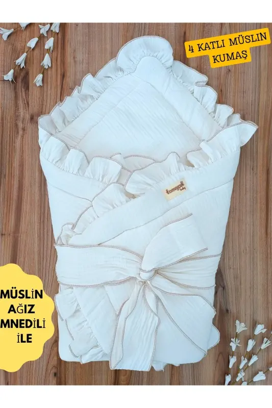 4-Layer Muslin Baby Blanket Ecru Baby Boy Girl Outdoor Swaddle Hospital Discharge Gift Newborn - 1