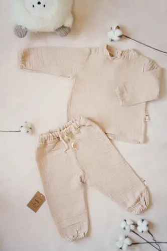 4 Layers Muslin 100% Cotton Kids Long Sleeve Sweatshirt-Pants Set-Beige 