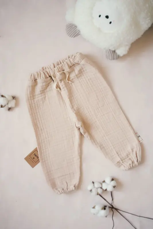 4 Layers Muslin 100% Cotton Kids Long Sleeve Sweatshirt-Pants Set-Beige - 2