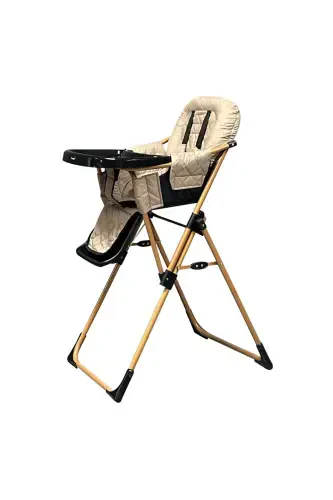 4-Level Adjustable, 5-Point Harness, Food Tray, Foldable High Chair-Gold - BEBEGOLD (1)