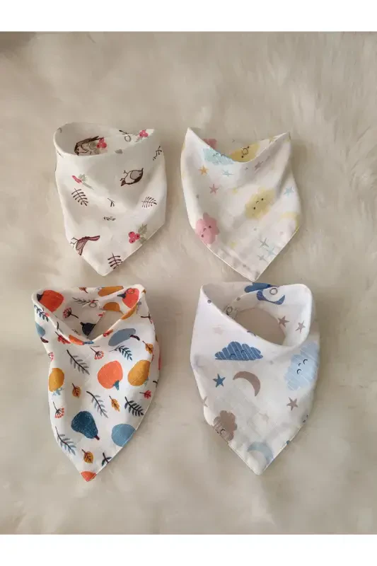 4 Pack 100% Organic Cotton Double Layer Two Snap Muslin Baby Bibs & Burp Cloths - 2