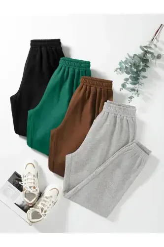 4-Pack Basic Plain Jogger Sweatpants - Black Green Brown Gray Elastic Hem High Waist-SYKG - DUBU BUTİK (1)