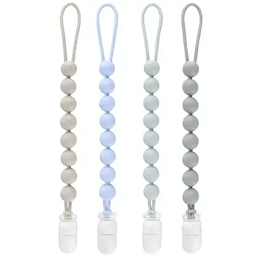 4-Pack Silicone Pacifier Clips for Baby Boys and Girls - with One-Piece Beads, Flexible and Rust-Free Holders for Teething Relief and Baby Essentials - Safe for Newborns (Grey) - 4-PACK