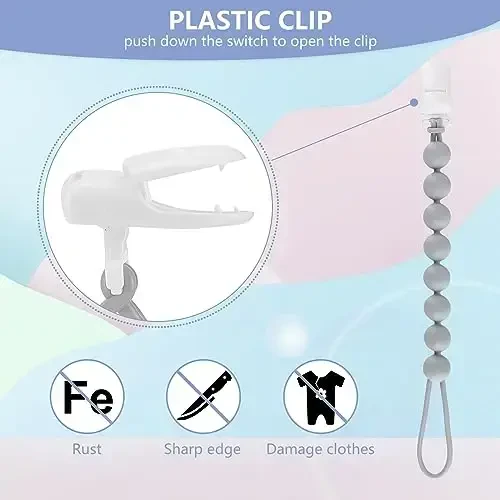 4-Pack Silicone Pacifier Clips for Baby Boys and Girls - with One-Piece Beads, Flexible and Rust-Free Holders for Teething Relief and Baby Essentials - Safe for Newborns (Grey) - 4-PACK (1)
