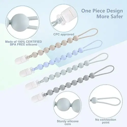 4-Pack Silicone Pacifier Clips for Baby Boys and Girls - with One-Piece Beads, Flexible and Rust-Free Holders for Teething Relief and Baby Essentials - Safe for Newborns (Grey) - 3