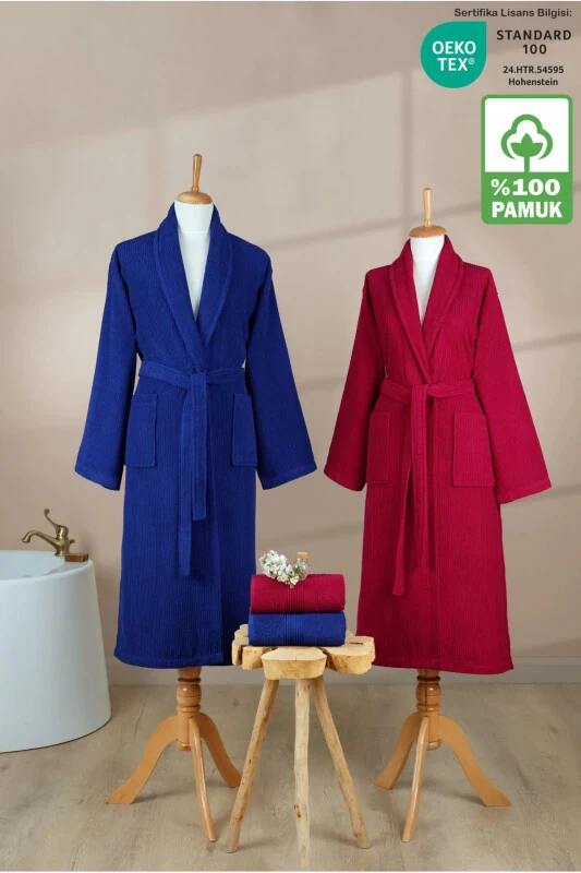 4 Parça Çizgili Bornoz Seti %100 Pamuk Sertifikalı Aile Havlu Bornoz Takımı Çeyiz Set Bordo Lacivert-Bordo - ELLALINE