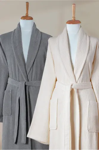 4 Parça Çizgili Bornoz Seti %100 Pamuk Sertifikalı Aile Havlu Bornoz Takımı Çeyiz Seti Gri Krem - Gri - Krem - 5