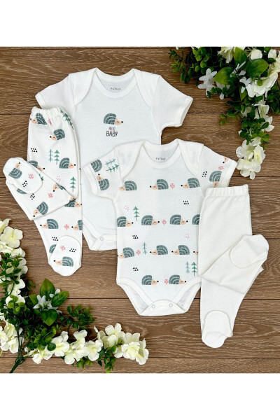 4 Parça Organik Pamuk Kız Bebek Çıtçıtlı Badi ve Patikli Alt Pijama Takımı Kirpi - 1