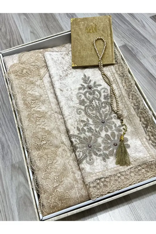4 Parça Seccade Takımı Çeyizlik Bohça Kutulu Kadife Güpürlü Gelin Damat Seti - Kahverengi - 1