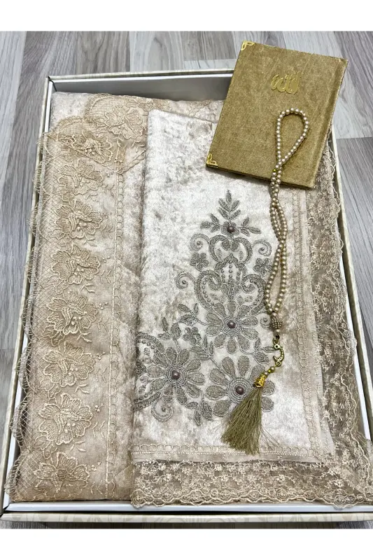 4 Parça Seccade Takımı Çeyizlik Bohça Kutulu Kadife Güpürlü Gelin Damat Seti - Kahverengi - 2