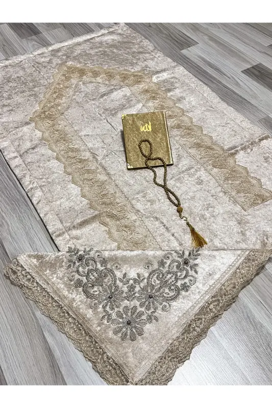 4 Parça Seccade Takımı Çeyizlik Bohça Kutulu Kadife Güpürlü Gelin Damat Seti - Kahverengi - 4
