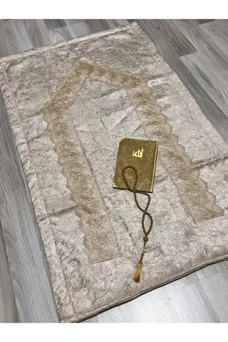 4 Parça Seccade Takımı Çeyizlik Bohça Kutulu Kadife Güpürlü Gelin Damat Seti - Kahverengi - 5