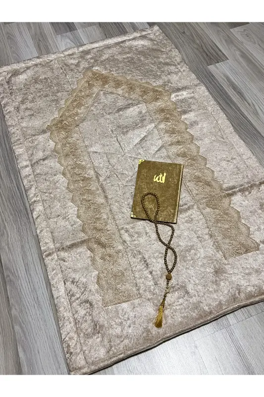 4 Parça Seccade Takımı Çeyizlik Bohça Kutulu Kadife Güpürlü Gelin Damat Seti - Kahverengi - 5