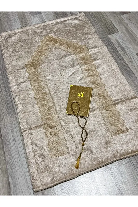 4 Parça Seccade Takımı Çeyizlik Bohça Kutulu Kadife Güpürlü Gelin Damat Seti - Kahverengi - 8