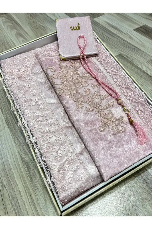 4 Parça Seccade Takımı Çeyizlik Bohça Kutulu Kadife Güpürlü Gelin Damat Seti - PUDRA - 4