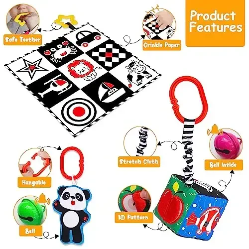 4 PCS Black and White High Contrast Baby Toys 0-3-6 Months Newborn Essential Montessori Toy for Babies Crinkle Sensory Book Brain Development Tummy Time Mirror Infant Carseat Rattle Easter Shower Gift - 3