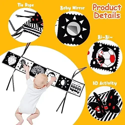 4 PCS Black and White High Contrast Baby Toys 0-3-6 Months Newborn Essential Montessori Toy for Babies Crinkle Sensory Book Brain Development Tummy Time Mirror Infant Carseat Rattle Easter Shower Gift - 4