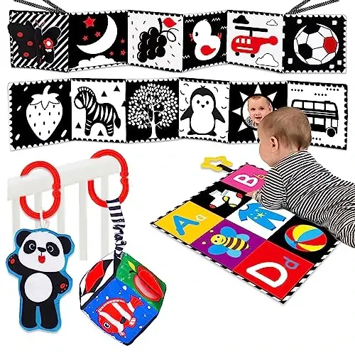 4 PCS Black and White High Contrast Baby Toys 0-3-6 Months Newborn Essential Toy for Babies Crinkle Sensory Book Brain Development Tummy Time Mirror Infant Carseat Rattle Shower Easter Gifts Boy Girl - 1