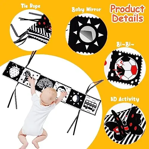 4 PCS Black and White High Contrast Baby Toys 0-3-6 Months Newborn Essential Toy for Babies Crinkle Sensory Book Brain Development Tummy Time Mirror Infant Carseat Rattle Shower Easter Gifts Boy Girl - 4
