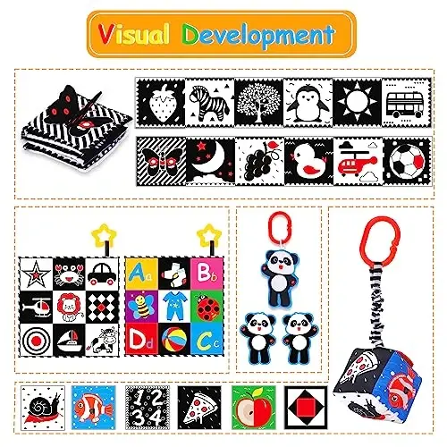 4 PCS Black and White High Contrast Baby Toys 0-3-6 Months Newborn Essential Toy for Babies Crinkle Sensory Book Brain Development Tummy Time Mirror Infant Carseat Rattle Shower Easter Gifts Boy Girl - 5