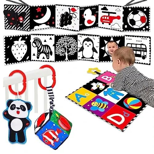 4 PCS Black and White High Contrast Baby Toys 0-3-6 Months Newborn Essential Toy for Babies Crinkle Sensory Book Brain Development Tummy Time Mirror Infant Carseat Rattle Shower Easter Gifts Boy Girl - 4