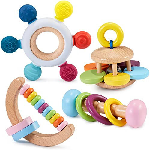 4 Pcs Montessori Toys for Babies Wooden Baby Toy for Babies 18+ Months Wooden Rattle Baby Teething Toys Silicone Rudder with Beech Wooden Ring - 31