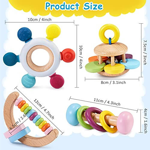 4 Pcs Montessori Toys for Babies Wooden Baby Toy for Babies 18+ Months Wooden Rattle Baby Teething Toys Silicone Rudder with Beech Wooden Ring - 32