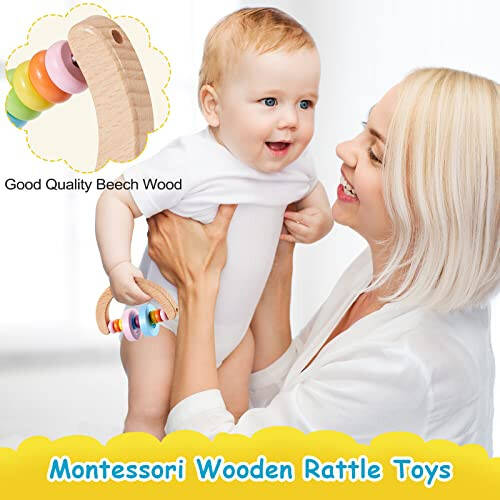 4 Pcs Montessori Toys for Babies Wooden Baby Toy for Babies 18+ Months Wooden Rattle Baby Teething Toys Silicone Rudder with Beech Wooden Ring - 34