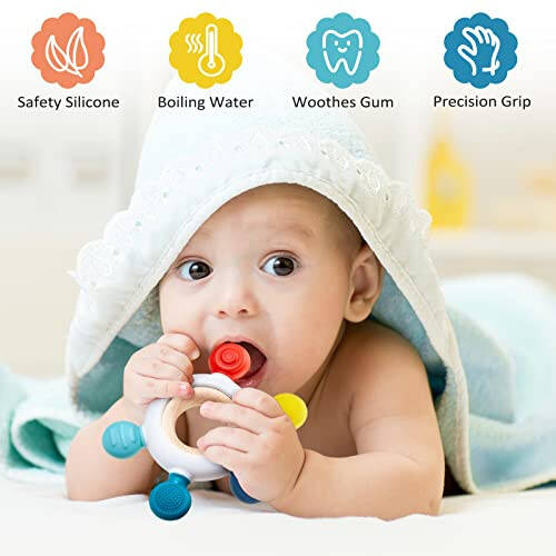 4 Pcs Montessori Toys for Babies Wooden Baby Toy for Babies 18+ Months Wooden Rattle Baby Teething Toys Silicone Rudder with Beech Wooden Ring - 35