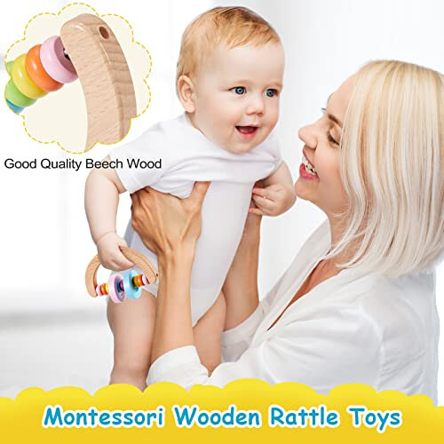 4 Pcs Montessori Toys for Babies Wooden Baby Toy for Babies 18+ Months Wooden Rattle Baby Teething Toys Silicone Rudder with Beech Wooden Ring - 28