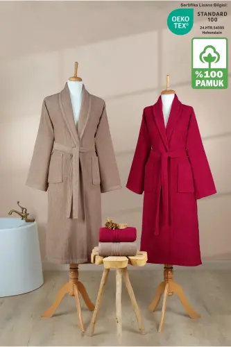 4 Pcs Striped Bathrobe Set 100% Cotton Certified Family Towel Bathrobe Set Dowry Set Burgundy-Coffee-Brown 