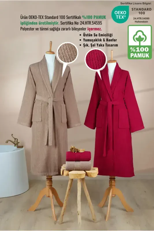 4 Pcs Striped Bathrobe Set 100% Cotton Certified Family Towel Bathrobe Set Dowry Set Burgundy-Coffee-Brown - 2