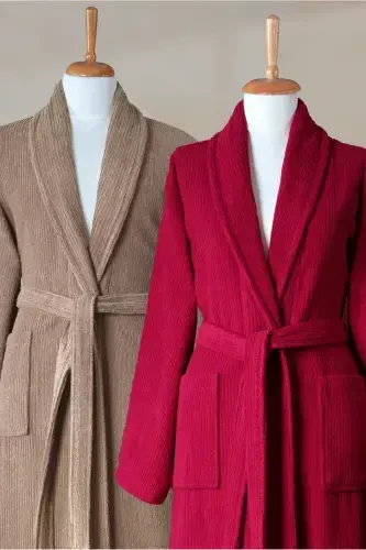 4 Pcs Striped Bathrobe Set 100% Cotton Certified Family Towel Bathrobe Set Dowry Set Burgundy-Coffee-Brown - 3