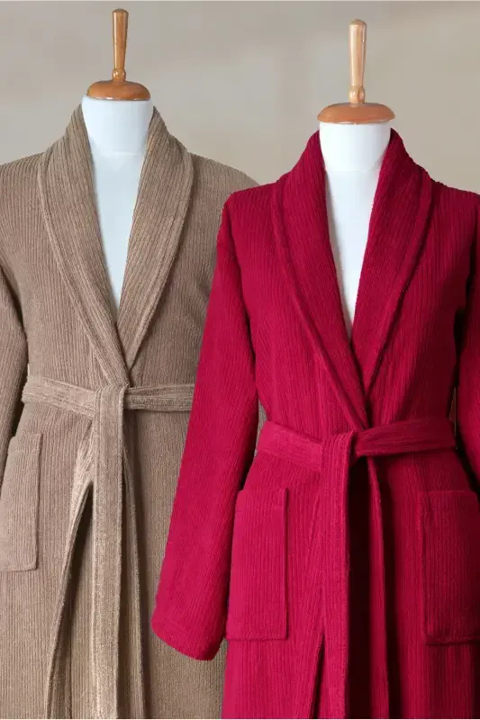 4 Pcs Striped Bathrobe Set 100% Cotton Certified Family Towel Bathrobe Set Dowry Set Burgundy-Coffee-Brown - 3