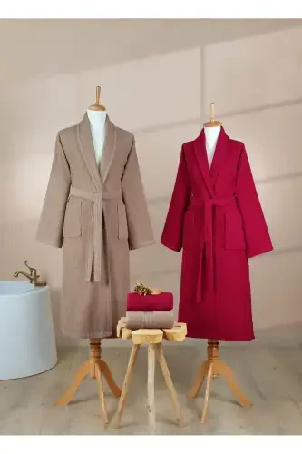 4 Pcs Striped Bathrobe Set 100% Cotton Certified Family Towel Bathrobe Set Dowry Set Burgundy-Coffee-Brown - 6