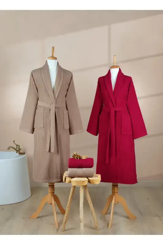 4 Pcs Striped Bathrobe Set 100% Cotton Certified Family Towel Bathrobe Set Dowry Set Burgundy-Coffee-Brown - 6