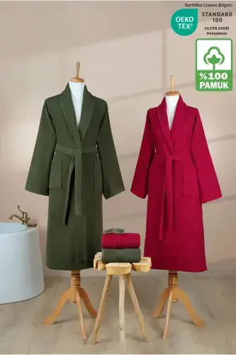 4 Pcs Striped Bathrobe Set 100% Cotton Certified Family Towel Bathrobe Set Dowry Set Burgundy - Green-Green - 1