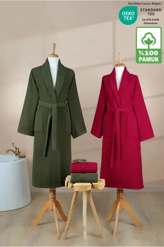 4 Pcs Striped Bathrobe Set 100% Cotton Certified Family Towel Bathrobe Set Dowry Set Burgundy - Green-Green - ELLALINE