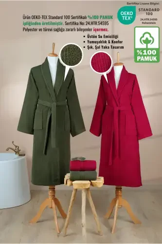 4 Pcs Striped Bathrobe Set 100% Cotton Certified Family Towel Bathrobe Set Dowry Set Burgundy - Green-Green - ELLALINE (1)