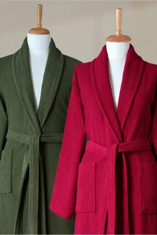 4 Pcs Striped Bathrobe Set 100% Cotton Certified Family Towel Bathrobe Set Dowry Set Burgundy - Green-Green - 5