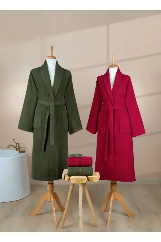 4 Pcs Striped Bathrobe Set 100% Cotton Certified Family Towel Bathrobe Set Dowry Set Burgundy - Green-Green - 6